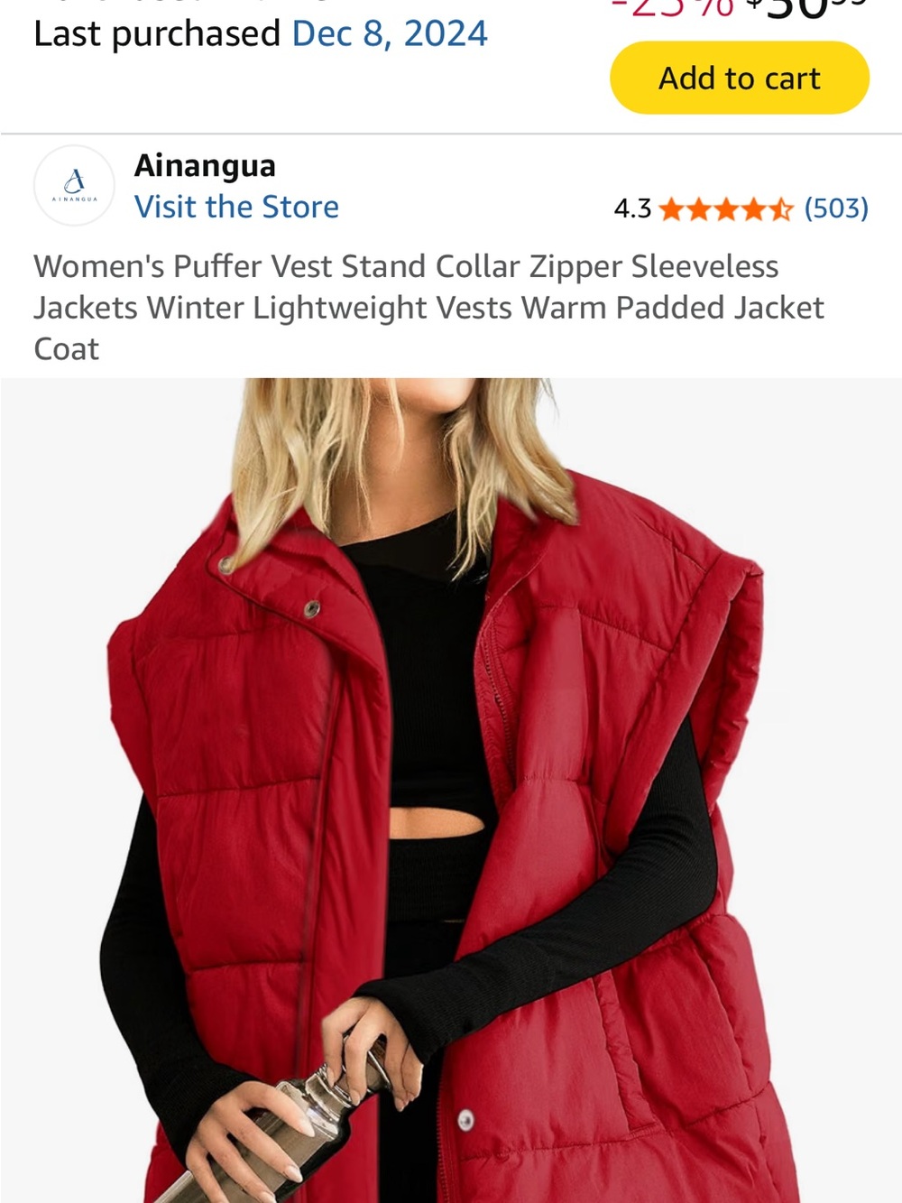 Amazon Red Sleeveless Puffer Vest with Stand Collar